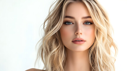 Naklejka premium Fashionable Portrait of a Beautiful Blonde Woman on Smooth White Background for Eye-Catching Wallpaper