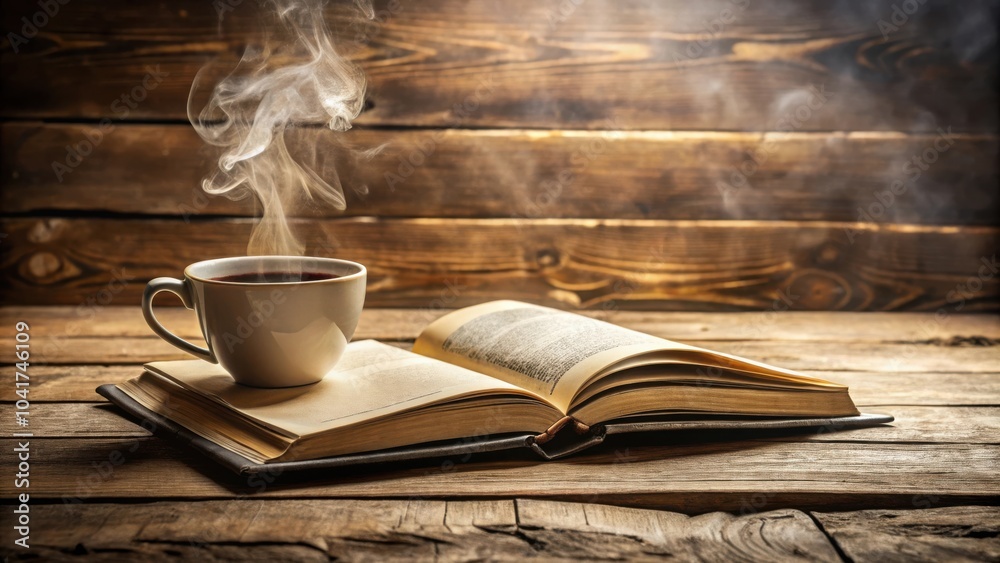 Poster a steaming cup of coffee rests on a book, inviting a moment of quiet contemplation and reading on a 