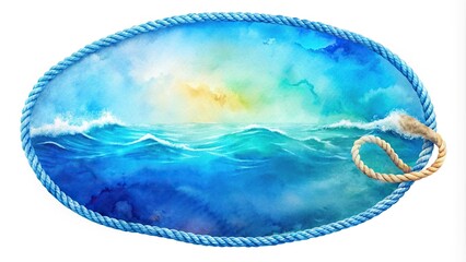 Obraz premium Blue sea ocean with a rainbow watercolour sky in a circular rope ring silhouette