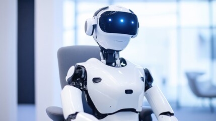 A robotic therapist conducting virtual reality therapy sessions for PTSD patients, therapeutic and supportive setting with VR headsets and calming environments, PTSD Therapy Robotics style