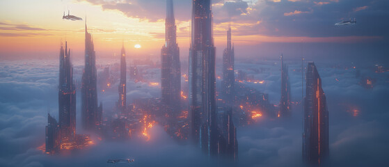 Obraz premium A futuristic city floating in the clouds, where sleek buildings rise above a sea of mist.
