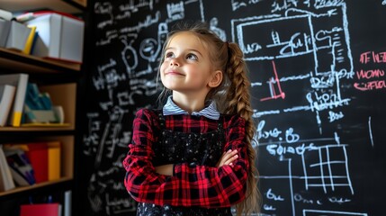 A young girl with braided hair stands in front of a chalkboard, looking up with her arms crossed.