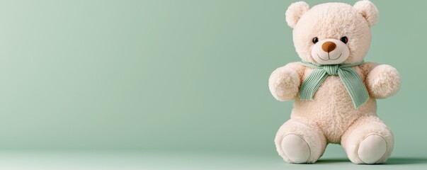 A plush teddy bear with a green bow sits on a soft green background, evoking a sense of comfort and nostalgia.