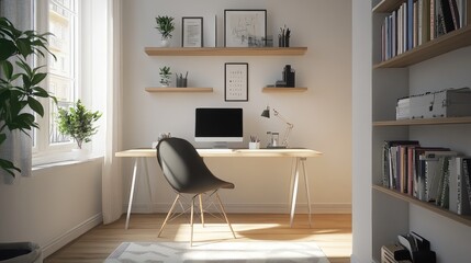 Fototapeta premium Minimalist Home Office with Natural Light and Plants