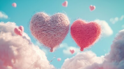 Obraz premium Woolly soft pink heart balloons against clouds
