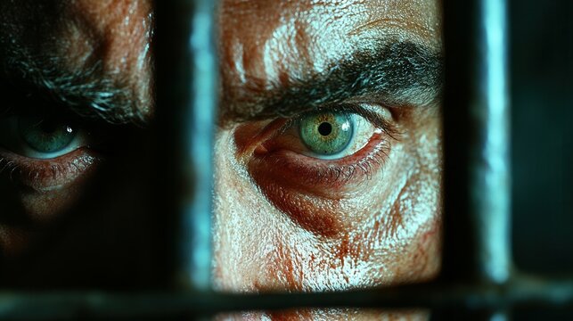 The piercing gaze of an individual is caught in a close-up view, revealing a blend of determination and emotion. The setting suggests confinement, with strong shadows emphasizing the tension and strug