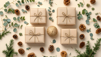 Fototapeta premium hristmas Gifts with Pinecones and Greenery