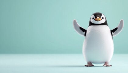 Obraz premium A cute, cartoonish penguin stands with arms raised, set against a soft teal background, exuding a playful and cheerful vibe.