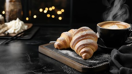Two croissants and a cup of steaming coffee on a black background.
