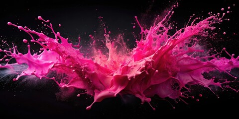 A vibrant splash of magenta paint explodes in a symmetrical burst against a dark backdrop, creating a mesmerizing abstract artwork that celebrates the beauty of fluid dynamics.