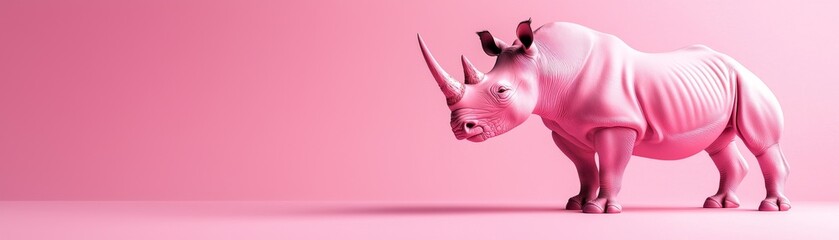 A pink rhinoceros stands on a soft pink background, showcasing a playful and surreal design within a minimalist aesthetic.