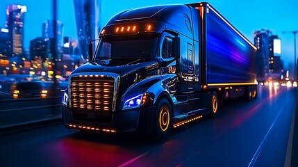 A black semi-trailer truck drives through a city at night.
