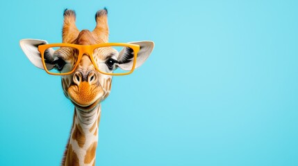 A playful giraffe wearing bright orange glasses poses against a vibrant blue background.