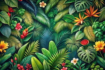 Bold tropical pattern background with lush greenery and exotic motifs reminiscent of a tropical paradise High Angle