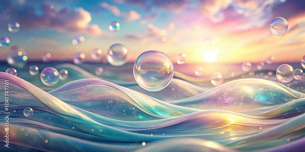 Poster A symphony of iridescent bubbles dances on a wave of shimmering water, illuminated by the soft glow of a setting sun.