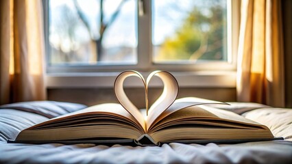 Book with heart cut out silhouette on bed by window