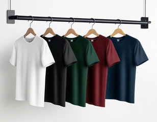 Five t-shirts hanging on hangers on clothes rail