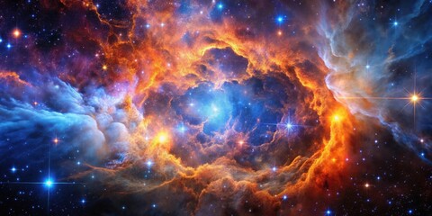A cosmic swirl of orange and blue nebulae with sparkling stars scattered across the canvas.