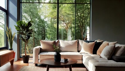 Modernes Wohnzimmer mit stilvoller und großen Fenstern, minimalistischer Einrichtung und gemütlichen Sofa
