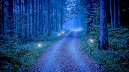 Fototapeta premium A misty forest path illuminated by glowing orbs.