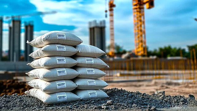 White cement bags piled in a precise stack, their labels facing forward, set against a construction site with cranes and concrete foundations in the distance