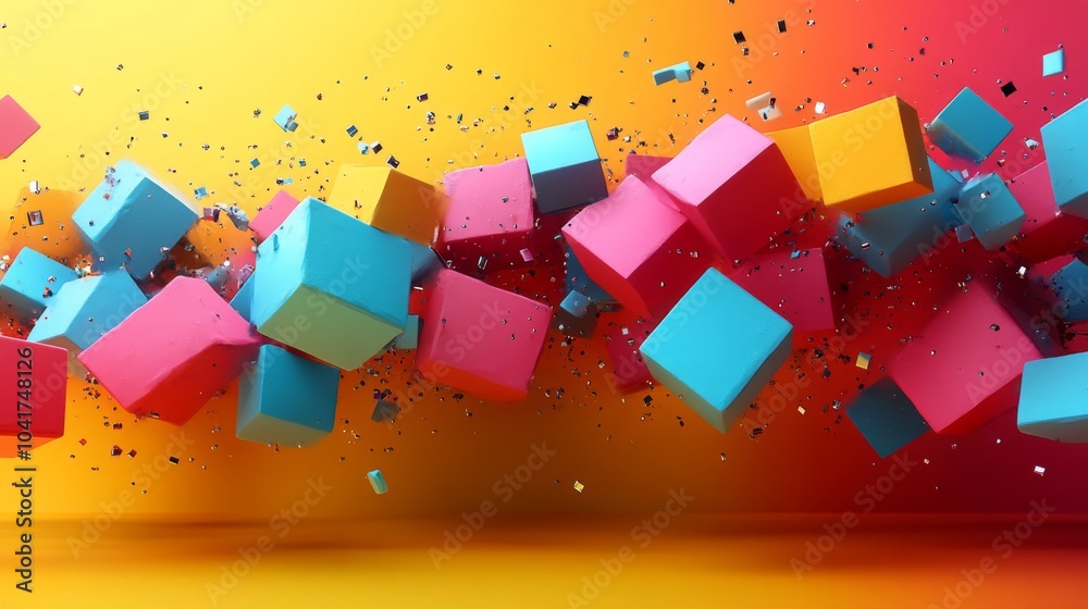 Fototapete A vibrant display of 3D cubes, in shades of blue, pink, and orange, appears to be exploding in dynamic motion against a warm orange and red backdrop, creating an energetic atmosphere.