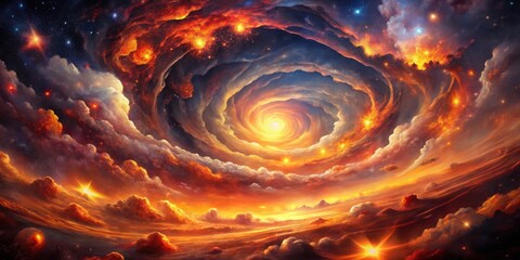A fiery spiral of clouds in the celestial expanse, illuminated by the radiant glow of distant stars.
