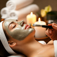 An elegant, close-up shot of a luxurious clay mask being applied with a soft-bristle brush onto a woman's face.