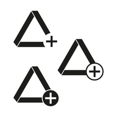Triangle plus icon. Positive geometric shape. Abstract vector symbol. Black triangle design.