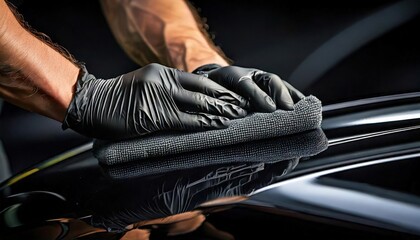 Professionelle Autoaufbereitung: Nahaufnahme der Reinigung eines glänzenden, schwarzen Autolacks