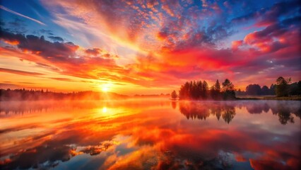 Fototapeta premium A vibrant sunrise over a still lake with a reflection of the colorful clouds and the sun shining through the morning fog