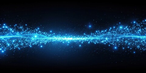 Obraz premium Blue neon light path with glowing particles in panoramic view