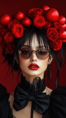 Fototapeta premium A captivating woman showcases a stunning headpiece adorned with red roses and shiny ornaments.