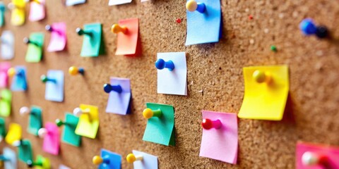 A corkboard with colorful sticky notes pinned to it, displaying an array of ideas and reminders