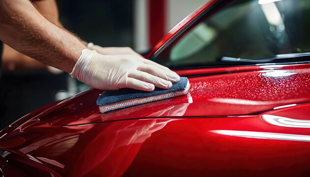 Professionelle Autoaufbereitung: Nahaufnahme der Reinigung eines gl&auml;nzenden, roten Autolacks