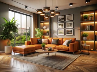 Aerial View of Modern Living Room Featuring Orange Sofa and Stylish Decor for Contemporary Home Design Inspiration