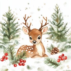 Hand-Crafted Watercolor Christmas Woodland Illustration for Baby Shower Design and Children's Wall Art