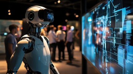 A robotic tour guide leading a group through a virtual reality exhibit, immersive and interactive setting with VR headsets and digital displays, Tourism Robotics style