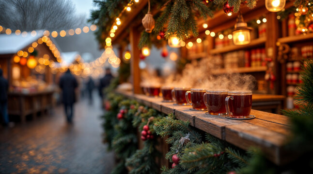 Gl&uuml;hwein in Tassen am Stand au dem Weihnachtsmarkt &ndash; Winterliche Gem&uuml;tlichkeit und W&auml;rme in der kalten vorweihnachtlichen Jahreszeit
