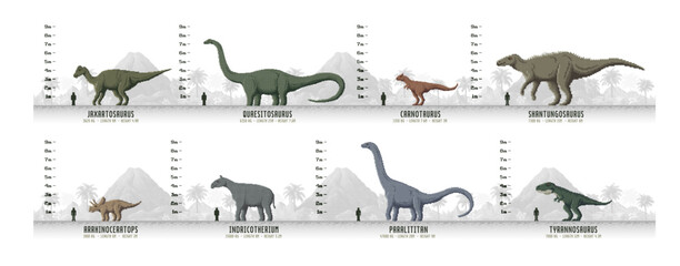 Prehistoric dinosaurs infographics on size, height, weight and length information, vector pixel art diagrams. Dinosaurs height scale infographics, comparison of Jurassic era giant lizards to to human © Vector Tradition