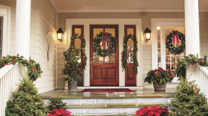 Front Porch Decorated for Christmas with Wreaths and Poinsettias