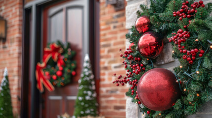 Festive Christmas wreath with red ornaments and berries decorating brick home entrance for holiday season