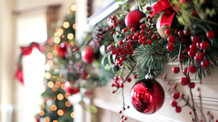 Festive Christmas Decorations with Red Baubles and Greenery for Holiday Celebrations