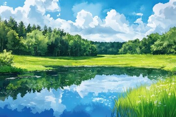 Idyllic Green Landscape: Watercolor Illustration of Tranquil Meadow and Forest Reflection