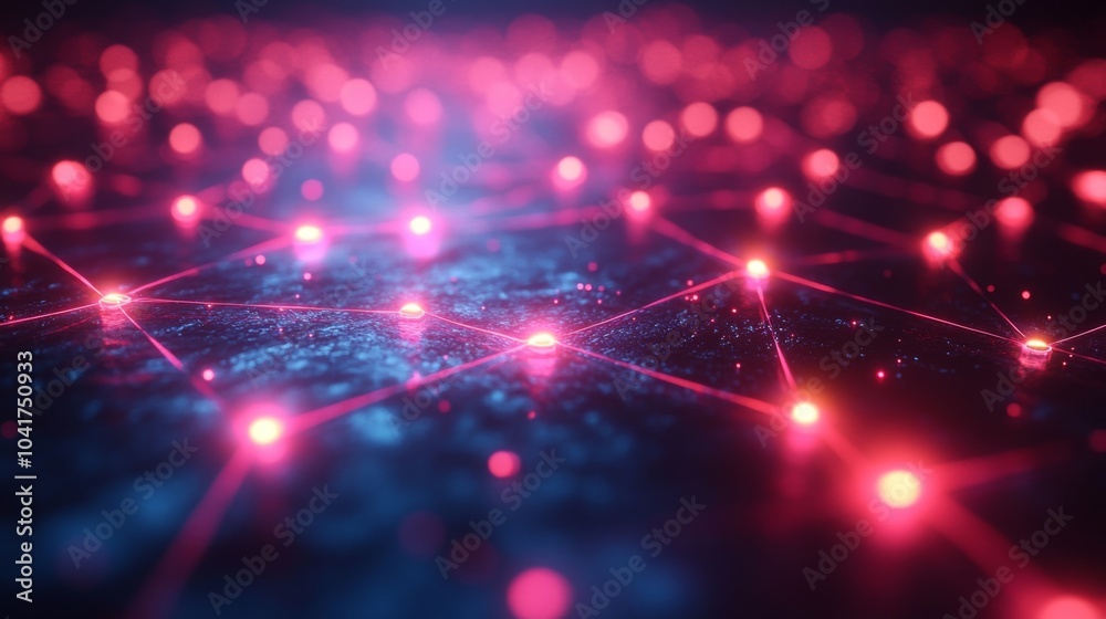 Poster A vibrant display of interconnected nodes illuminated by glowing lines creates a visually stunning representation of digital networks and connectivity.