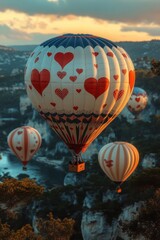 Fototapeta premium Heart-patterned hot air balloons soar over a breathtaking landscape at sunset.