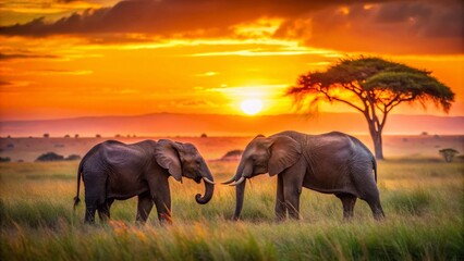 Fototapeta premium Aerial View of Two Young Elephants Playing in Maasai Mara, Kenya - Wildlife Safari Adventure