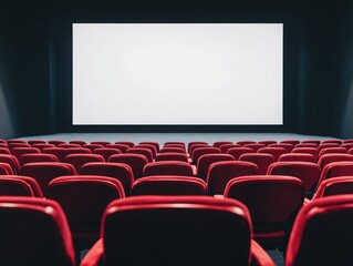 Naklejka premium A spacious cinema hall with empty red seats and a blank screen, ready for an audience to enjoy a film screening.