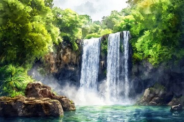 Fototapeta premium Majestic Waterfall in Lush Forest Setting. Hand painted Watercolor Artwork
