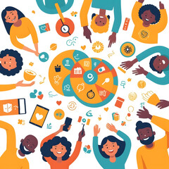 Fototapeta premium Diverse people engaging in collaborative activities around a colorful infographic